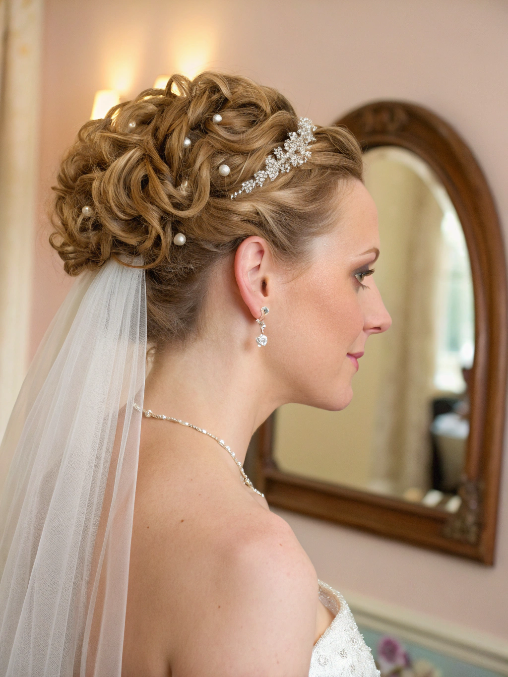 Elegant bridal updo with delicate gold accessories