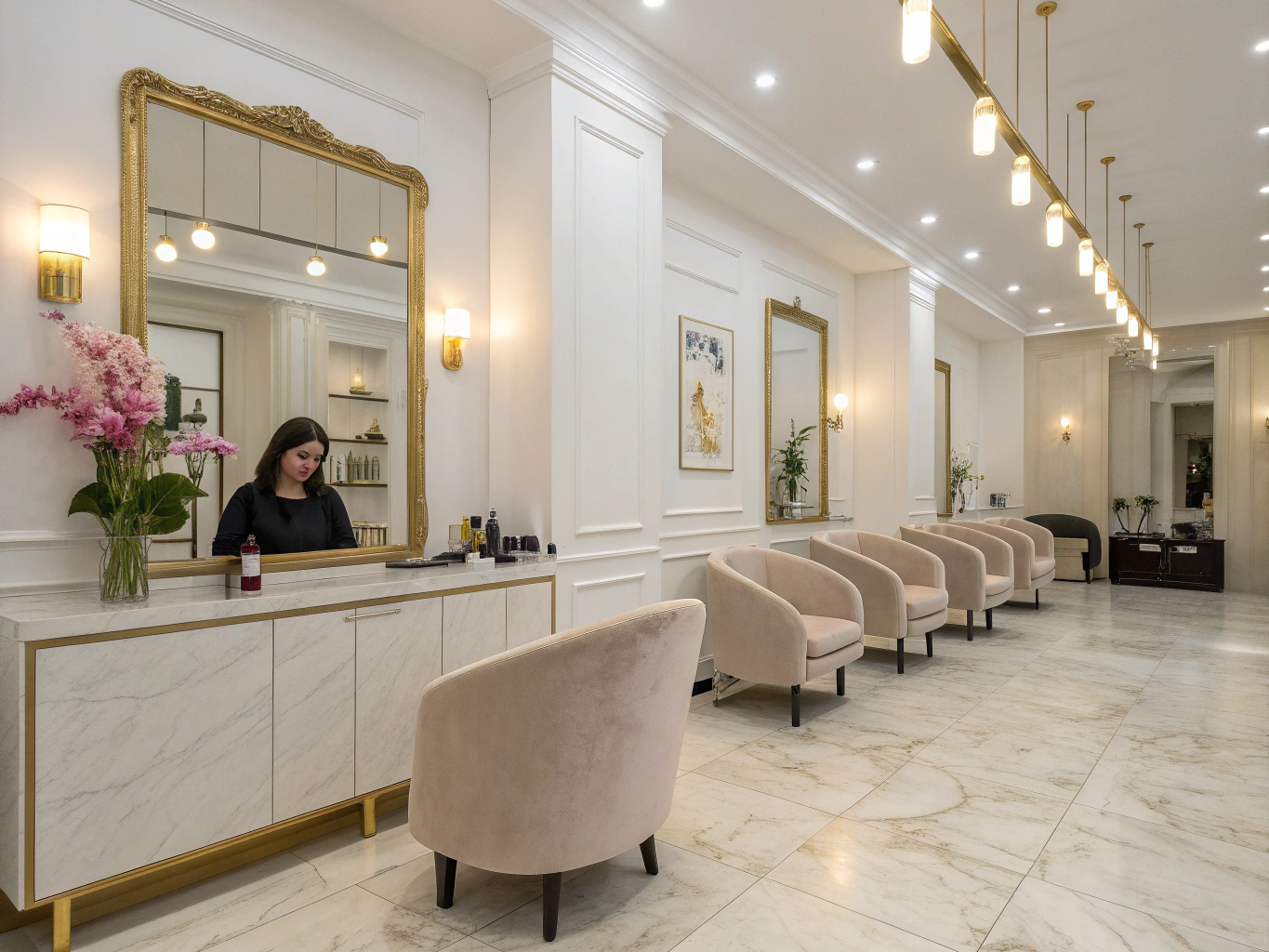Modern luxury salon interior with blush accents